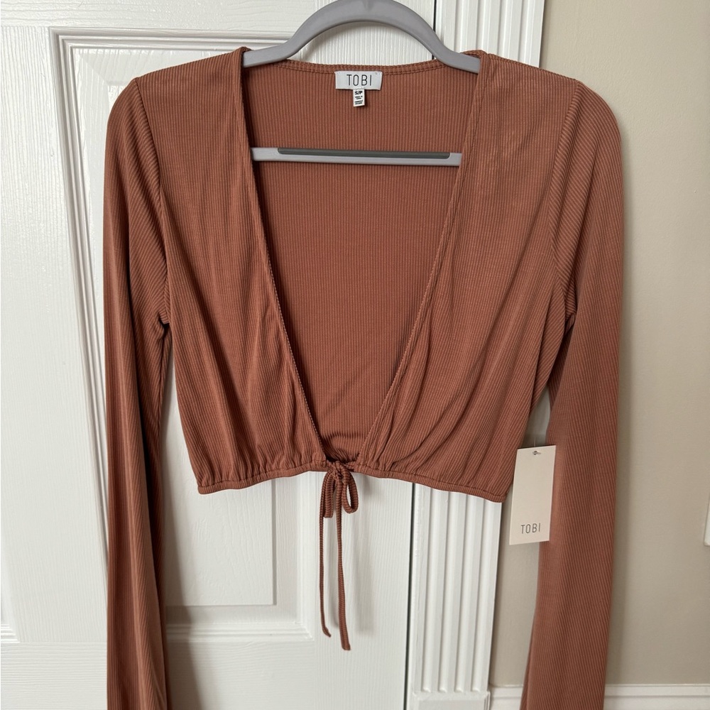 Tobi S Cropped Kit Cardigan Top Front Tie Pinkish Brown NWT